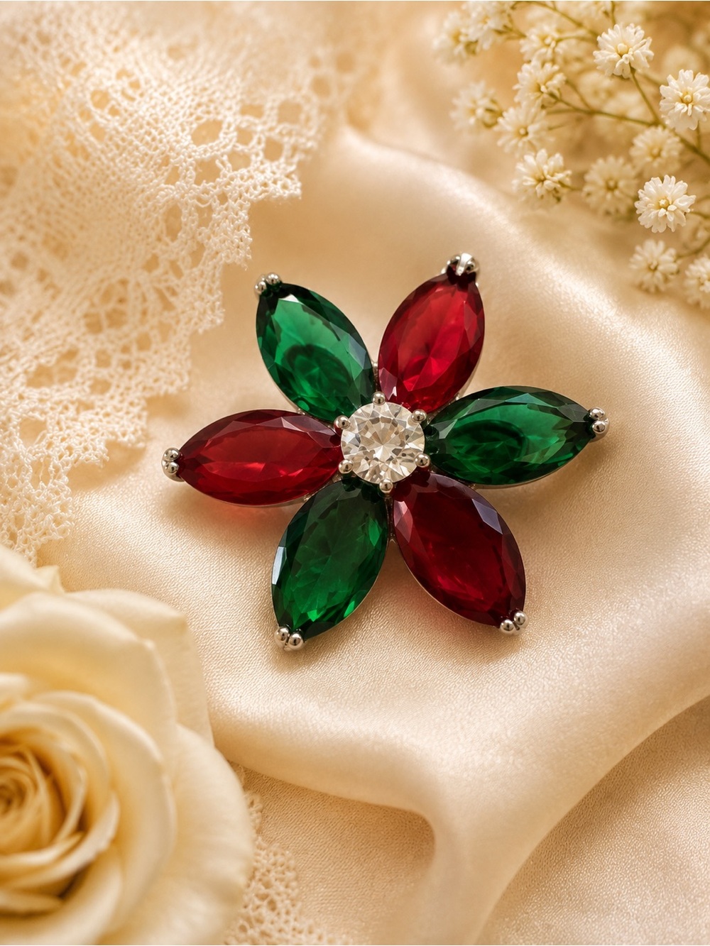 Vintage Red & Green Glass Flower Brooch Pendant | Unsigned | Holiday Jewelry